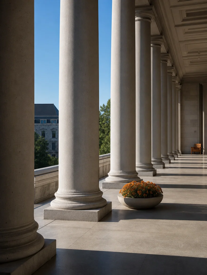 A sunlit university colonnade
